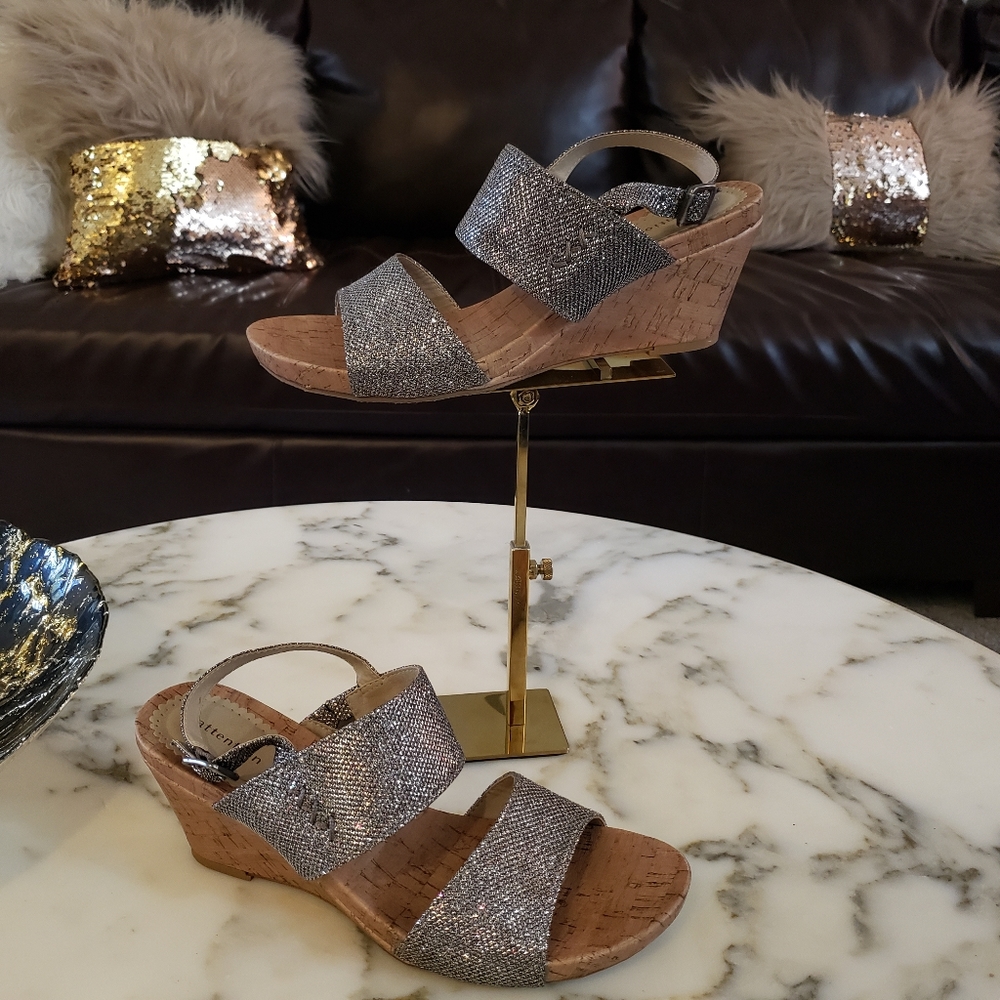 Attention wedge sandals cork sparkle silver size 9